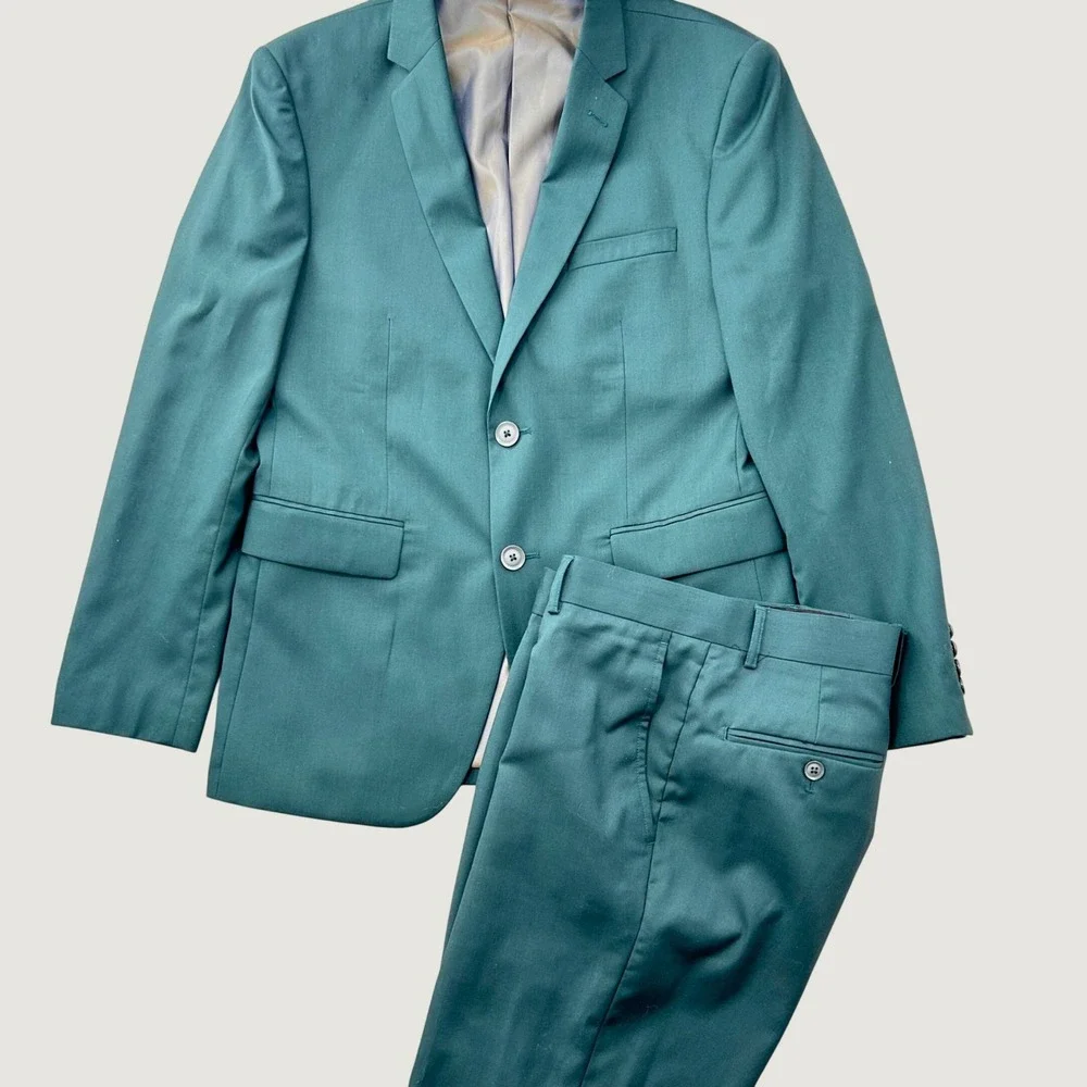 Braveman Mens Slim Fit 2 Piece Suit Teal Green Two Button Blazer Pants Set
